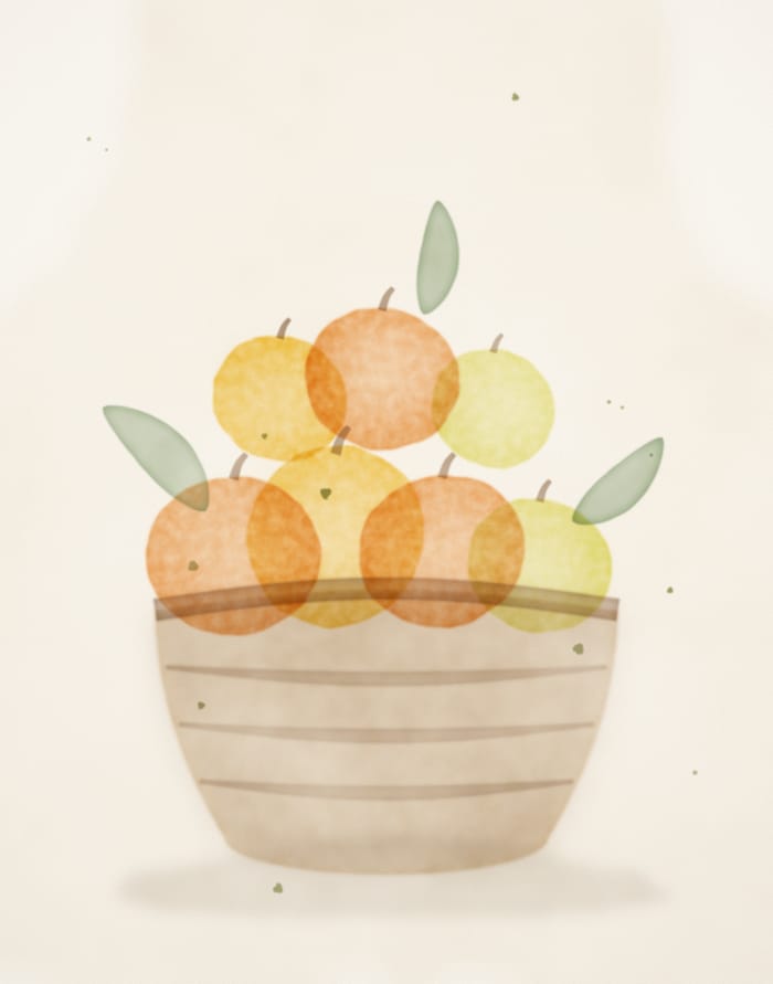 Aquarela de uma cesta com laranjas, limões e mexericas colhidas na horta.