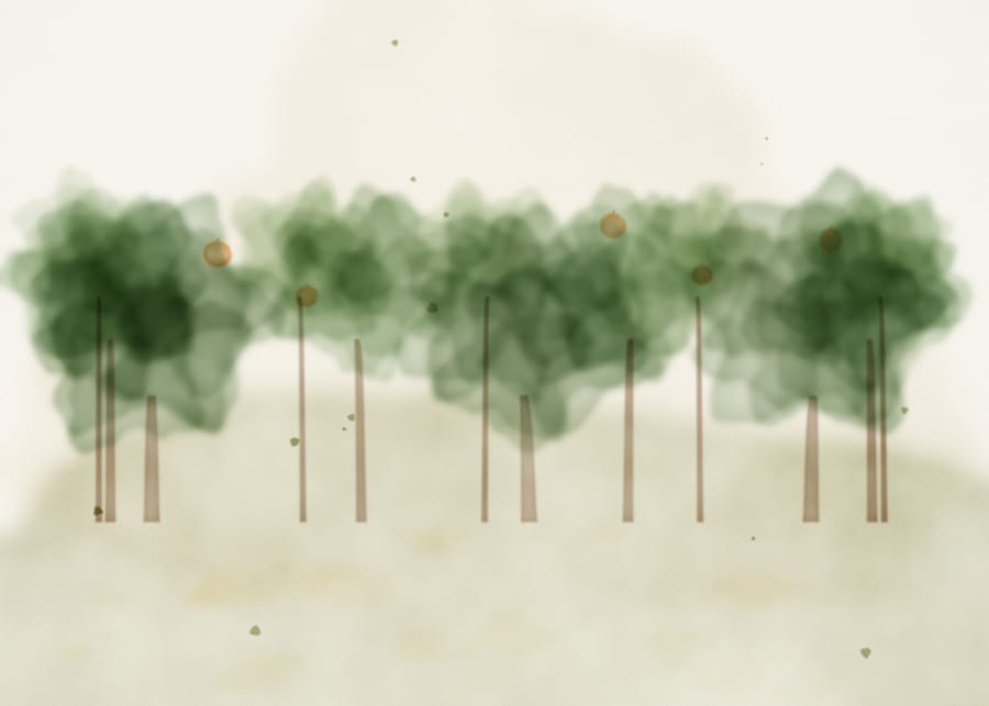 Aquarela do pomar com o sol atravessando as folhas.