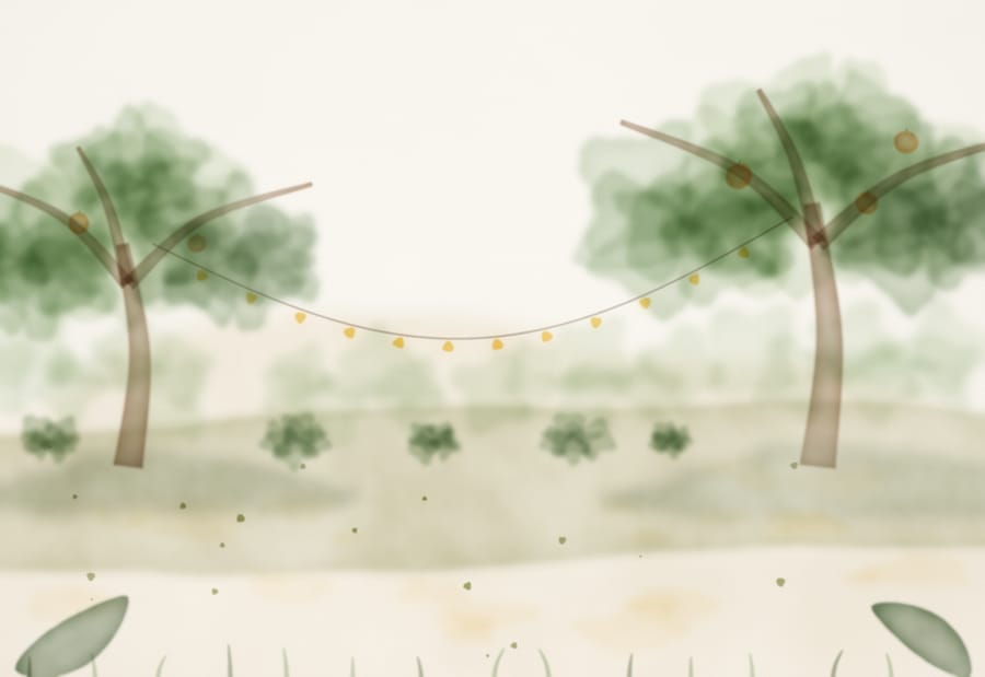Aquarela do espaço da celebração: árvores, varal de luz e o chão de terra batida.
